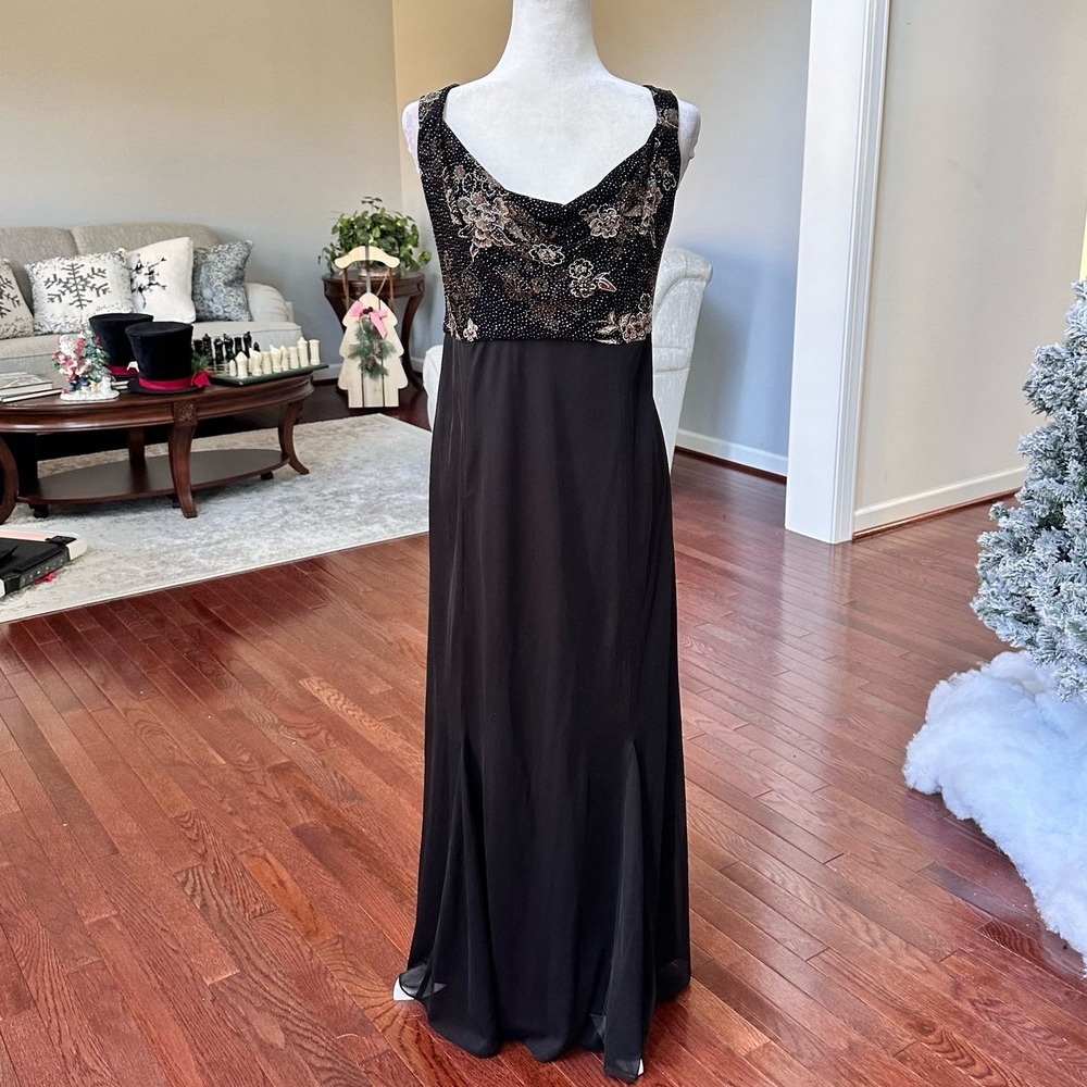 David's Bridal‎ Scoop Cowl Neck Black Gold Glitter Gown Dress Size 20 Petite